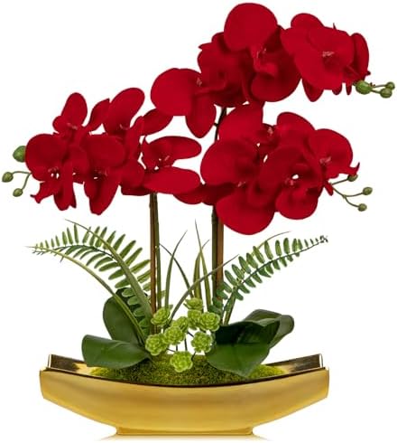 Briful Orchid Artificial Flowers 17" Silk Red Orchid Floral Arrangement with Gold Pot Real Touch Faux Orchid Plant for Home Office Room Kitchen Table Centerpiece Shelf Decor by Briful