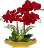 Briful Orchid Artificial Flowers 17" Silk Red Orchid Floral Arrangement with Gold Pot Real Touch Faux Orchid Plant for Home Office Room Kitchen Table Centerpiece Shelf Decor by Briful
