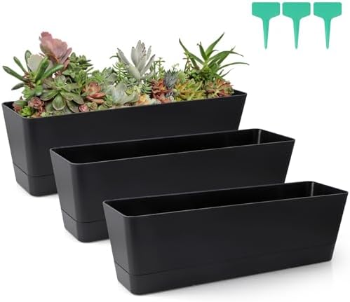 Skelang 3 Pcs Rectangular Plant Pot, 16.7" Flower Planter Box with Drainage Hole, Windowsill Container with Tray for Succulents, Cacti, Herbs, Black by Skelang