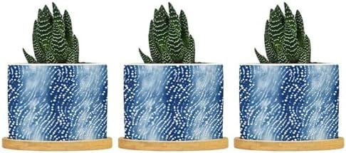 Animal Planters Ceramic White Blue Animal Strip Round Flower Pot with Drainage Holes and Bamboo Tray Pot for Home Office Desk Garden by BRUYU5SE