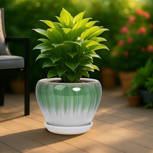 Deep Dream 10 Inch Plant Pot- Ceramic Planter Pot Round Plant Pots for Indoor Plants Outdoor Large Flower Pot with Drainage Holes & Trays, White&Green - Image 3