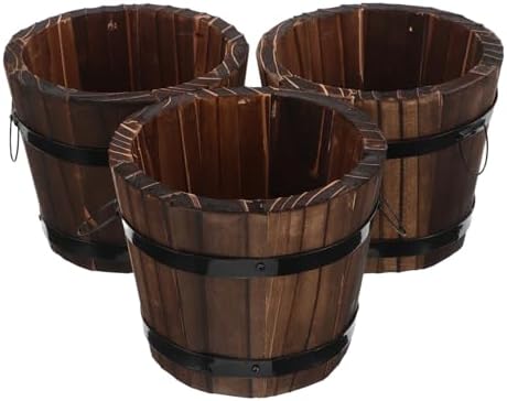 STAHAD 3pcs Small Wooden Barrel Planter Pots for Succulents and Vegetables, Carbonized Wood Flower Boxes for Indoor Outdoor Garden Balcony, Rustic Whiskey Barrel Style Wooden Plant by STAHAD