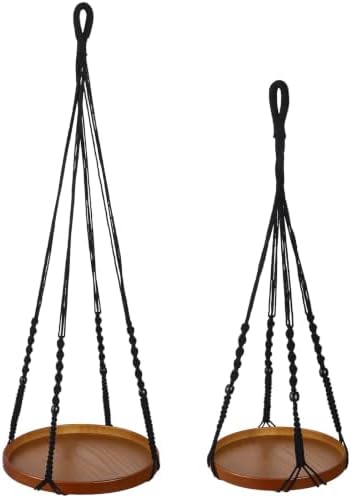 2 Pack Macrame Plant Hanger, 41'' & 32'' Plant Hanger Indoor Set with 12'' & 9.8'' Wood Trays, Bohemian Hanging Planter with Hooks for Living Room Window, Home Decor - Image 2