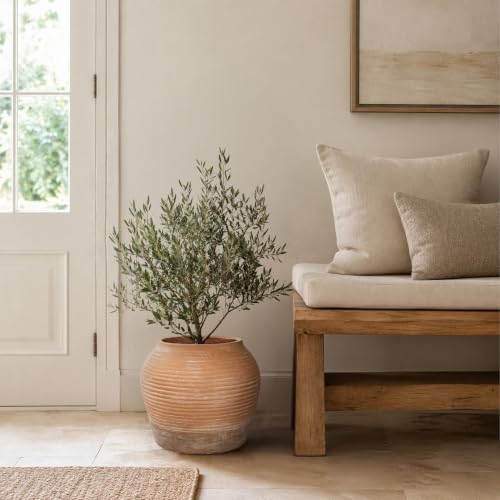 12"H x 14" Dia Distressed Terracotta Planter Pot with Drainage Hole, Vintage Ribbed Clay Pot Look, Rustic Decorative Large Indoor Outdoor Flower Pot for Patio, Porch, Garden, Entryway Farmhouse Decor - Image 2