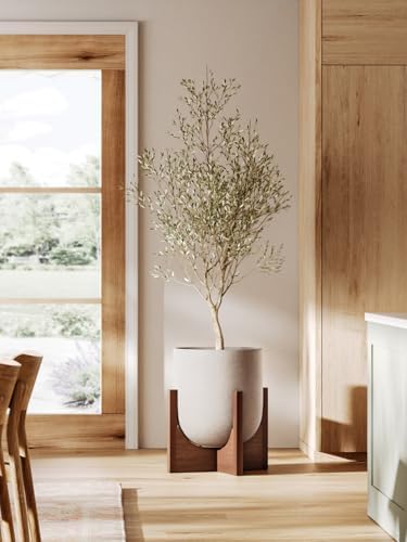 LE TAUCI 10 Inch Planter with Acacia Wood Stand, Ceramic Planters for Indoor Plants, Unique Plant Pots Indoor for Home Decor, Cylinder Pots for Plants with Drainage Hole and Plug, Neutral Gray - Image 3