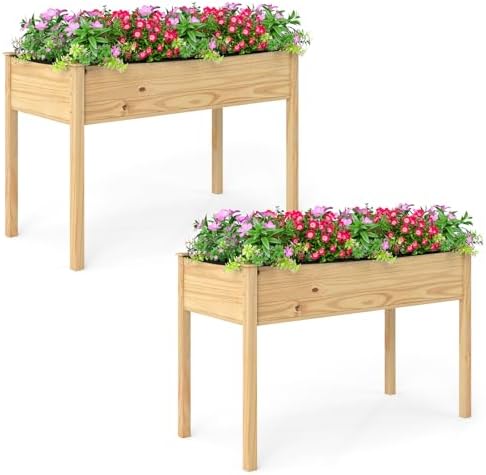 GIANTEX Raised Garden Beds Set of 2, Elevated Wood Planter Box with Liner, 47"x23"x30" Freestanding Raised Bed for Indoor Outdoor Plants, Vegetables Flower Herbs Fruit Gardening by Giantex