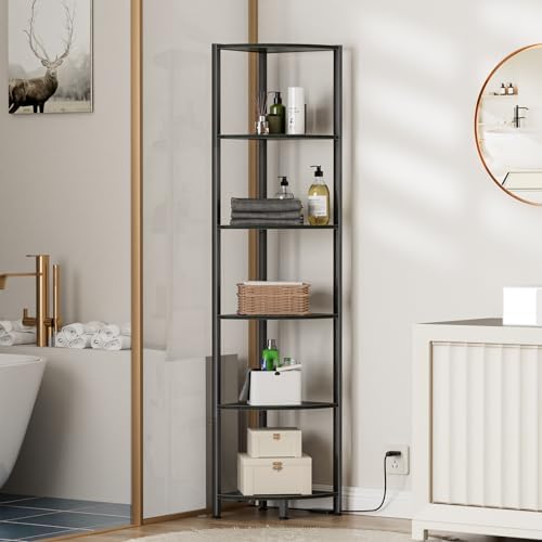 Furnulem 6 Tier Corner Shelf with LED Light, 67.5" Black Narrow Bookshelf - Image 5