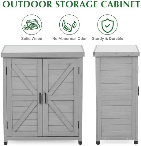 Outdoor Storage Cabinet & Potting Bench Table with Metal Top, Wooden Patio Furniture, Garden Workstation (Classic Grey, 36x31x17in) - Image 6