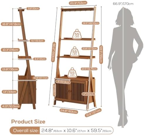 Bookcase with Drawers, Ladder Shelf 4-Tier Bamboo Bookshelf with 6 Hooks - Image 2
