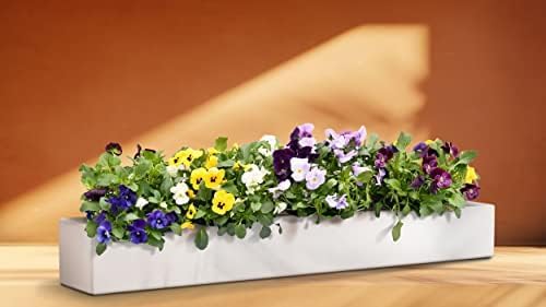 Modern Rectangular White Flower Planter - Fiberstone Low Slim Balcony Planter Box,4" H x 6" W x 15" Lg - by Pottery Pots - The Essentials Series - Image 5