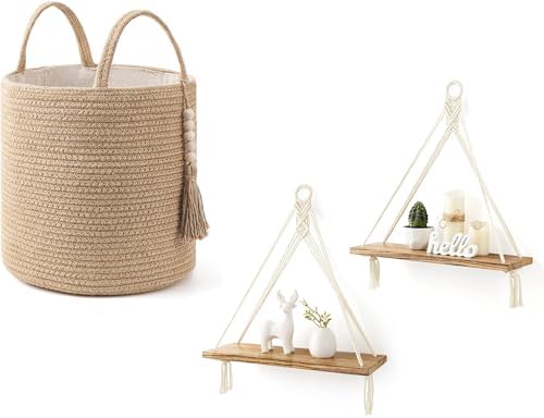 Mkono Woven Storage Basket Decorative Natural Rope Basket and Macrame Hanging Shelves Boho Wall Decor Set of 2 by Mkono
