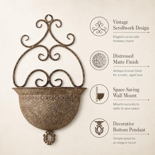 Vintage Wall Hanging Planter with Ornate Scroll Design, Distressed Rust Iron Wall Mount Flower Pot, Rustic Farmhouse Decorative Pot for Indoor Outdoor Porch Entryway Garden Wall Decor(A3076) - Image 2