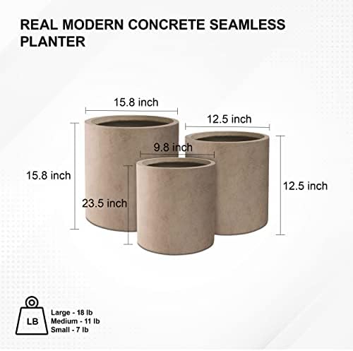Round Concrete/Fiberglass Indoor & Outdoor Lightweight Decorative Plant Pots with Drainage Hole, Set of 3, 15.8", 12.5" & 9.8" L, Weathered Concrete - Image 5