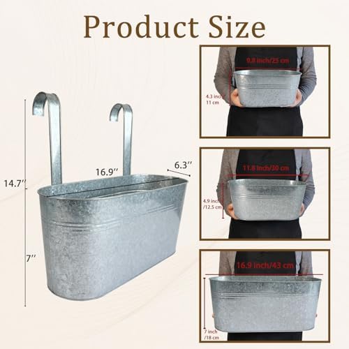 6 Pack 17" Galvanized Hanging Railing Planters with Hooks and Drainage - Image 2