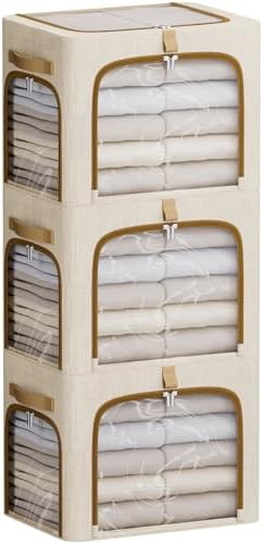 CYhom Storage Bins with Metal Frame, 3-Clear Windows Openings, 43L, Beige by CYhom