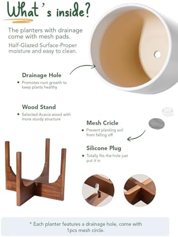 LE TAUCI 10 Inch Plant Pot with Acacia Wood Stand, Ceramic Planters for Indoor Plants, Unique Plant Pots Indoor for Home Decor, Mid-Century Modern Pots for Plants with Drainage Hole and Plug, White - Image 4