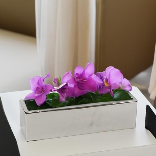WGVI Long Rectangle Ceramic Planter Vase in Silver 14" x 4" x 4"H, Rectangular Box Block Terrarium Pot, Flower Arrangement, Tabletop Centerpiece, Home Decor Organization Storage Container, 1 Pc. - Image 3