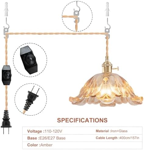 Plug in Pendant Light Fixtures,Hanging Light Fixture Flower Amber Glass Pendant Light 11 inch E26 Pendant Lighting for Kitchen Island, Bedroom, Dining Room, Living Room - Image 2