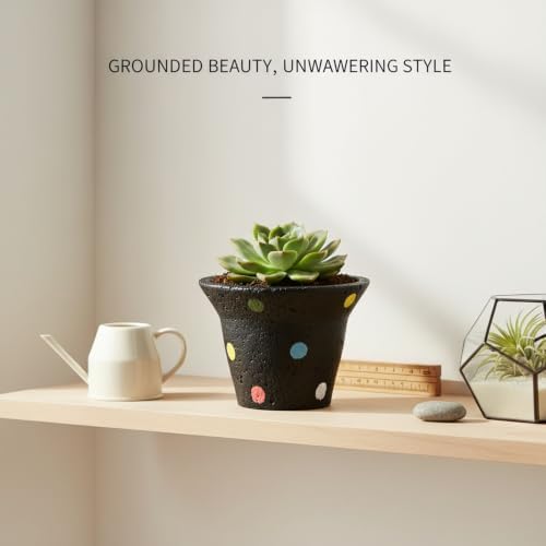 Modern Geometric Cement Planter Pot for Succulents, Heavy Matte Black Desktop Flower Pot for Cacti, Stable Indoor Shelf Decor, 5.1 Inch - Image 3
