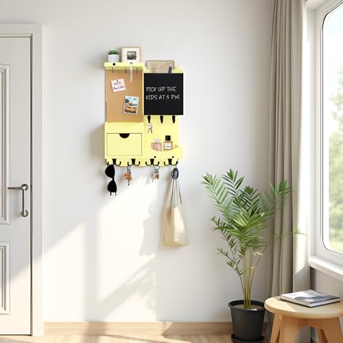 Key Holder Wall Mount with Drawer and Mail Organizer, Ivory Yellow - Image 5
