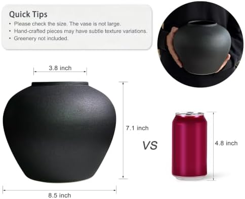 GeLive Black Ceramic Vase 7 Inch Round Farmhouse Rustic Flower Vase for Fresh/Dried Plants Table Centerpiece Minimalist Home Decor Handmade Pottery Planter Pot - Image 3