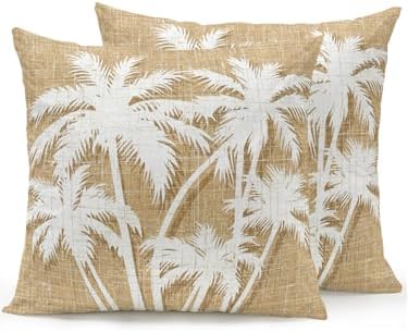 Outdoor Pillows Waterproof Set of 2, Tropical Palm Tree Patio Throw Pillows for Couch Bed Sofa with Insert, Vintage Tan Exotic Botanical Plants Decorative Travel/Reading/Camping Pillow Set 16x16 Inch by Unknown