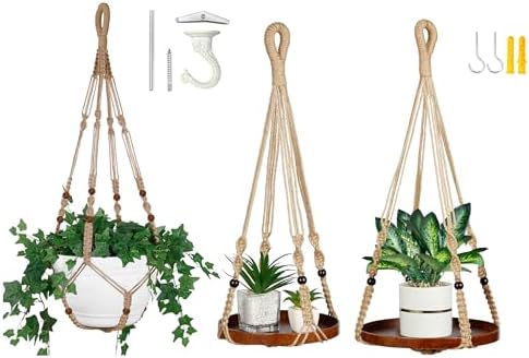 Macrame Plant Hanger Set (Large Macrame Plant Hanger + 2 Pack Hanging Plant Shelf) by Shineloha