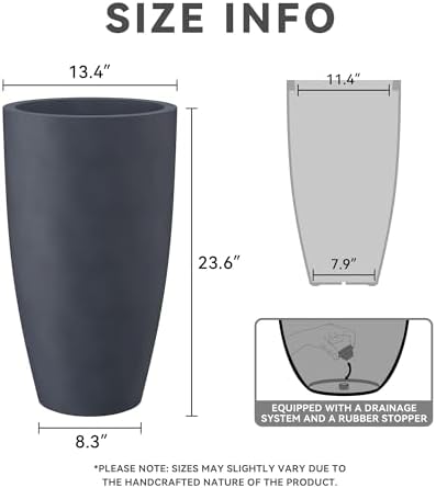 Kante 23.6" H Charcoal Concrete Tall Planters Two Pack, Large Outdoor Indoor Garden Plant Pots with Drainage Hole and Rubber Plug, Modern Decor for Home and Garden - Image 3