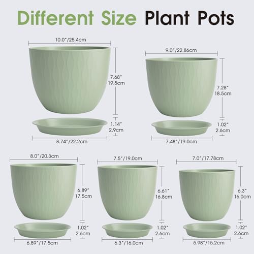 GARDIFE 5-Pack Plastic Plant Pots 7-10in with Drainage & Saucers, Green - Image 2