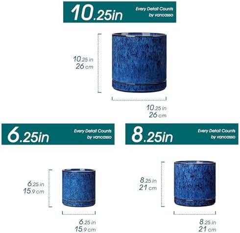 vancasso Ceramic Planters, Plant Pots for Indoor Plants, 6.25+8.25+10.25 Inch Ceramic Pots for Plants, Flower Pots with Drainage Holes (Blue, 6.25+8.25+10.25 Inch) - Image 2