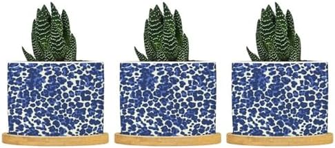 Leopard Purple and White Dot Planters Ceramic African Tribal Animal Print Round Plant Pot with Drainage Holes and Bamboo Tray Pot for Home Office Decoration by BRUYU5SE