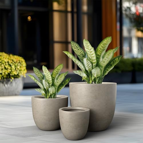 Kante Round Concrete Planter Set of 3, Large Outdoor Indoor Plant Pots with Drainage Hole, 10/14/18-Inch Diameter Flower Pots for Patio, Garden and Home, Weathered Concrete - Image 4