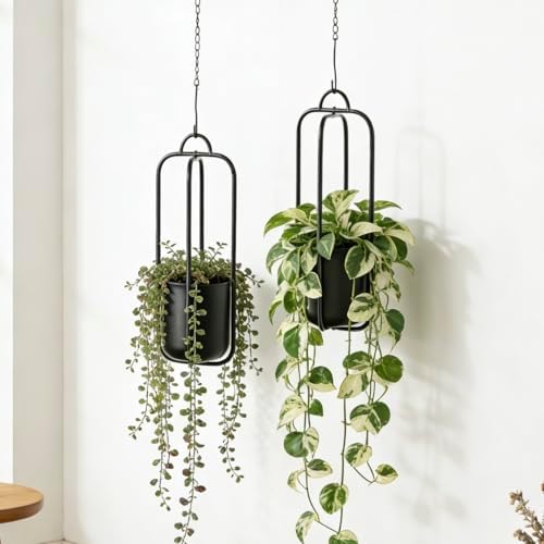Hanging Planters for Indoor Plants Black Modern Hanging Pots for Plants 5.5 Inch,Metal Hanging Baskets Window Plant Hanger Ceiling Hanging Flower Pots with Chain for Wall Decor by REMENNA