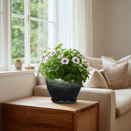 8 Inch Plant Pot - Ceramic Pots for Indoor Plants Outdoor, Round Modern Planter with Drainage Hole and Saucer, Decorative Plant Pot Indoor, Room Decor, House Warming Gifts, Retro Green - Image 3