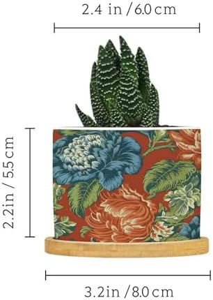 Blue Floral Chinoiserie on Orange Planters Ceramic Peony Chic Asian Round Flower Pot with Drainage Holes and Bamboo Tray Pot for Pots Outdoor Indoor Plants - Image 2