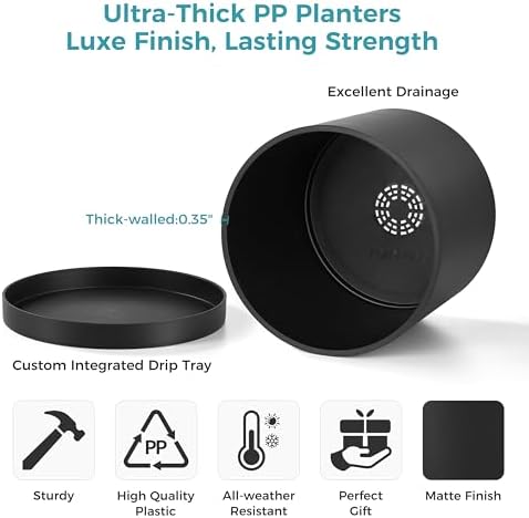 FaithLand 14-Inch Large Modern Cylinder Planter, Thick-Walled Plastic Plant Pot with Drainage Holes and Detachable Saucer, Matte Black, Ideal for Indoor & Outdoor Plants Flowers - Image 2