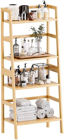 HITNET Ladder Shelf, 4-Tier Bookshelf, Bamboo Leaning Bookcase, Display Storage Rack Organizer, Freestanding Flower Plant Stand for Living Room, Home Office, Kitchen, Natural by HITNET