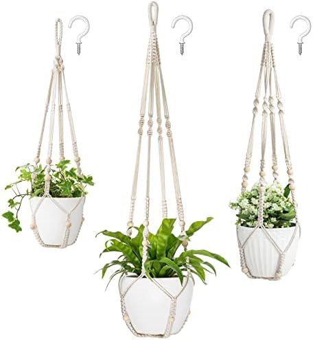 Mkono 35 Inch Macrame Plant Hanger Set of 2 and 43"/35"/29" Macrame Plant Hangers with Pots Set of 3, Indoor Different Size Hanging Planter by Mkono