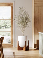 LE TAUCI 12 Inch Pots for Plants with Acacia Wood Stand, Ceramic Large Planters for Indoor Plants, Indoor Planters for Office Living Room, Cylinder Pots with Drainage Hole and Plug, White - Image 6