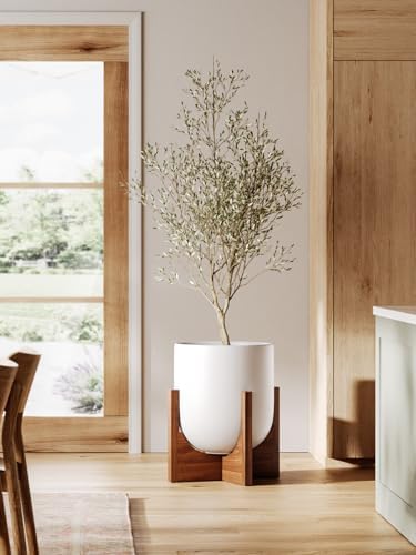 LE TAUCI 12 Inch Pots for Plants with Acacia Wood Stand, Ceramic Large Planters for Indoor Plants, Indoor Planters for Office Living Room, Cylinder Pots with Drainage Hole and Plug, White - Image 6