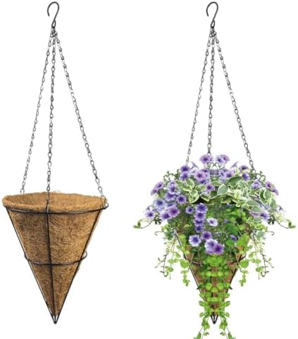 2 Pack Cone Shaped Metal Hanging Baskets for Plants Outdoor,10 in Width Conical Metal Wire Hanging Basket Planter with Coco Fiber Liners and Chains,Hangable Flower Pots for Outside (A-10 in) by JOYWU