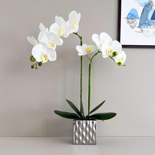 LISU Artificial Orchids, Silver Vases, Home Decoration Flower Arrangements, Fake Flowers in Vases. (C:White) - Image 2