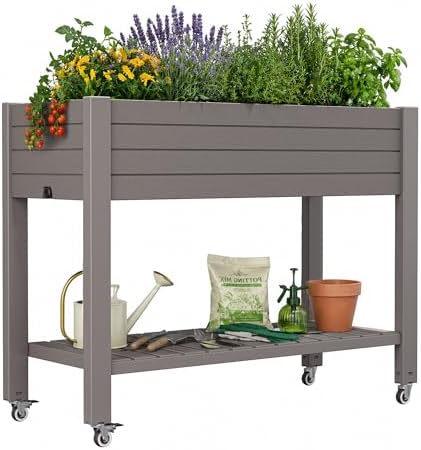 33.7" Tall Raised Garden Bed with Wheels, Divisible Plastic Planter Box with Drainage Gauge & Storage Shelf, Herb Garden Planter for Garden Patio Backyard, Gray (33.7" h) by WTFGO