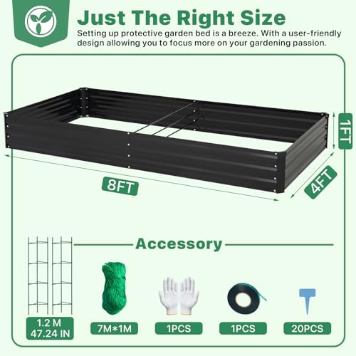 ONCEMORE Galvanized Raised Garden Bed for Vegetables Flowers Herbs, Metal Raised Garden Bed Kit with 2 PCS Tomato Cage, Gloves, Trellis Netting, Plant Labels, Plant Ties, Black 8×4×1FT - Image 2