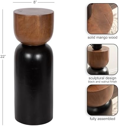 Kate and Laurel Teo Transitional Round Mango Wood Drink Table, 8 x 8 x 22, Walnut Brown and Black, Modern Sculptural Bedroom Nightstand with Unique Pedestal Table Design for Use as Indoor Plant Stand - Image 3