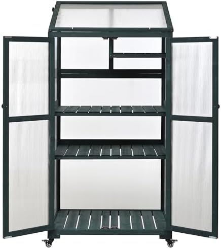 62" Tall Wooden Portable Greenhouse with Wheels, Adjustable Shelves, 3-Tier Cold Frame Plant Cabinet/ Indoor Outdoor Plant Stand, Rolling Mini Greenhouse for Patio, Balcony, Garden (Green) - Image 5