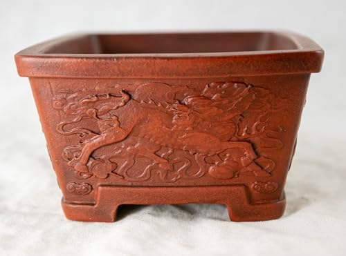 Yubonza Vintage Etched Rectangular Yixing Zisha Bonsai Pot, Cactus & Succulent Planter + Mesh - 6"x 4.5"x 2.25" - Image 4