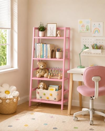 Homykic Pink Ladder Shelf, 4-Tier Bamboo Bookshelf & Bookcase Organizer - Image 6