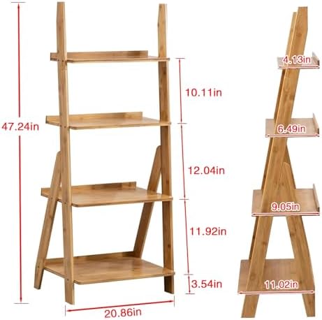 Maydear Bamboo Ladder Shelf Bookcase, 4-Tier Leaning Bookshelf Free Standing Organizer Storage Shelves for Living Room, Bedroom, Kitchen, Home Office, Balcony, Wood Color - Image 3