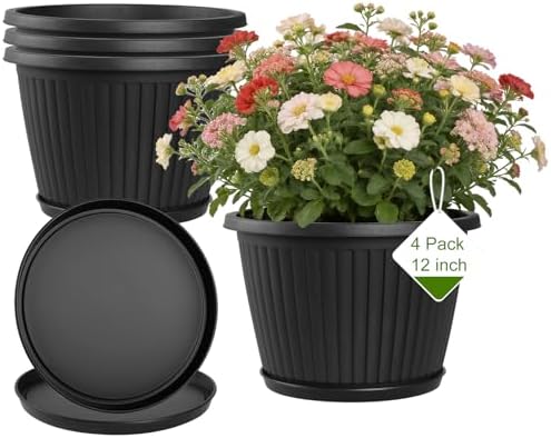 Fodetyff 12-inch-Plastic-Plant-Pots-with-Saucer, Flower Pots Containers for Indoor Outdoor Plants, Large Resin Planter with Drainage Holes and Saucers for Snake Plant Monstera by Fodetyff